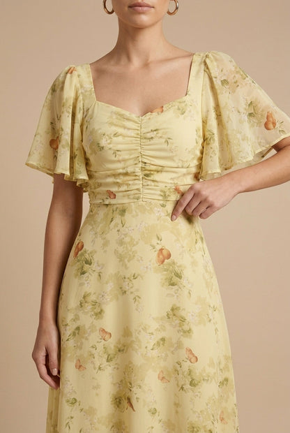 Marigold | Women's Floral Square Neck Flutter Sleeve Maxi Dress