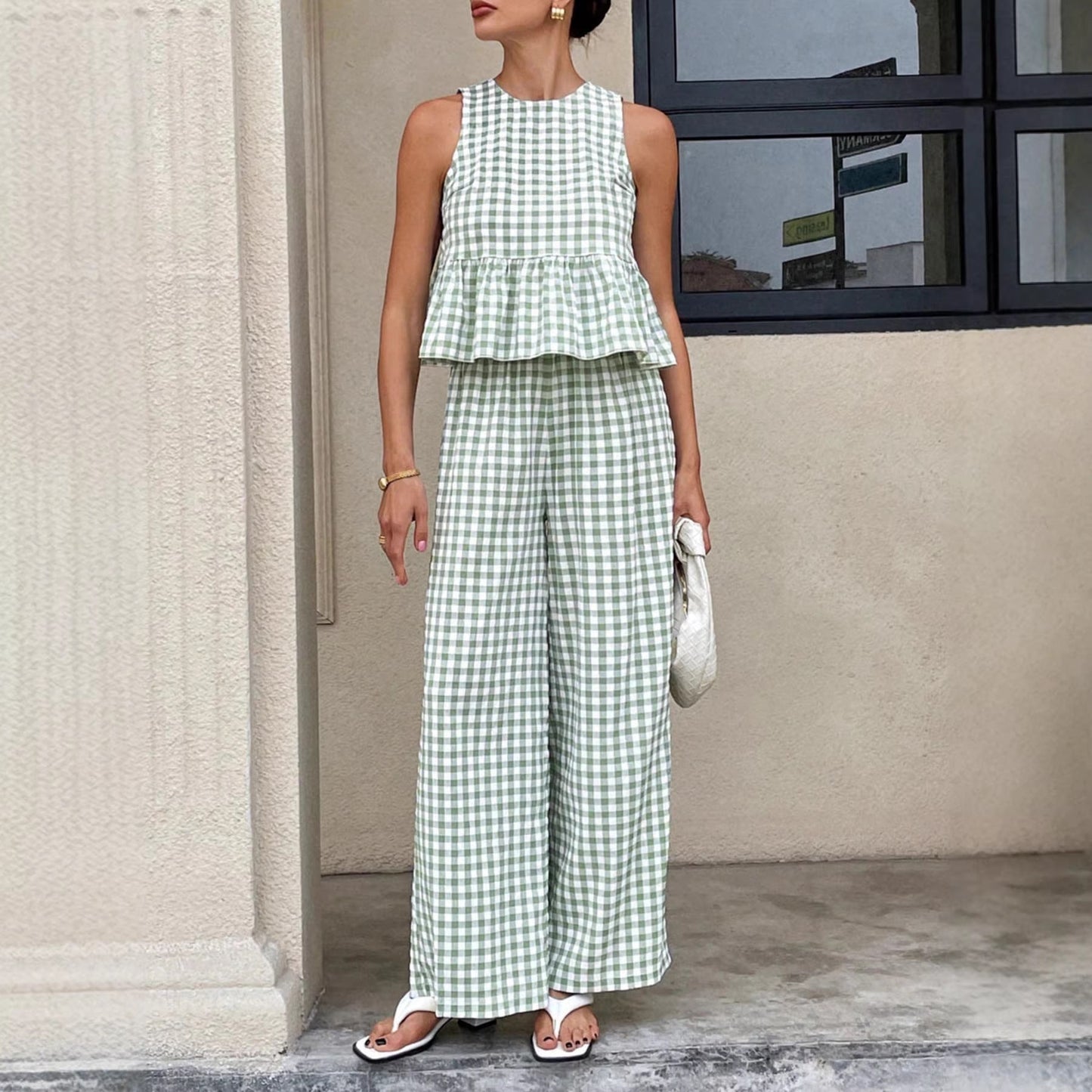 Tessa | Women's Gingham Sleeveless Peplum Top Wide Leg Pants Set
