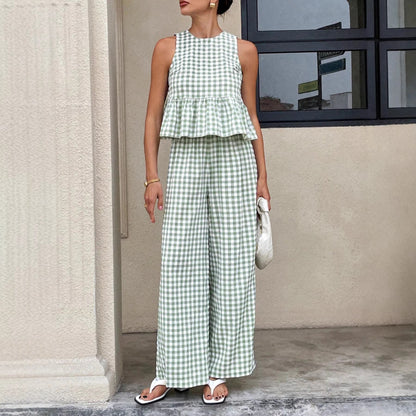 Tessa | Women's Gingham Sleeveless Peplum Top Wide Leg Pants Set