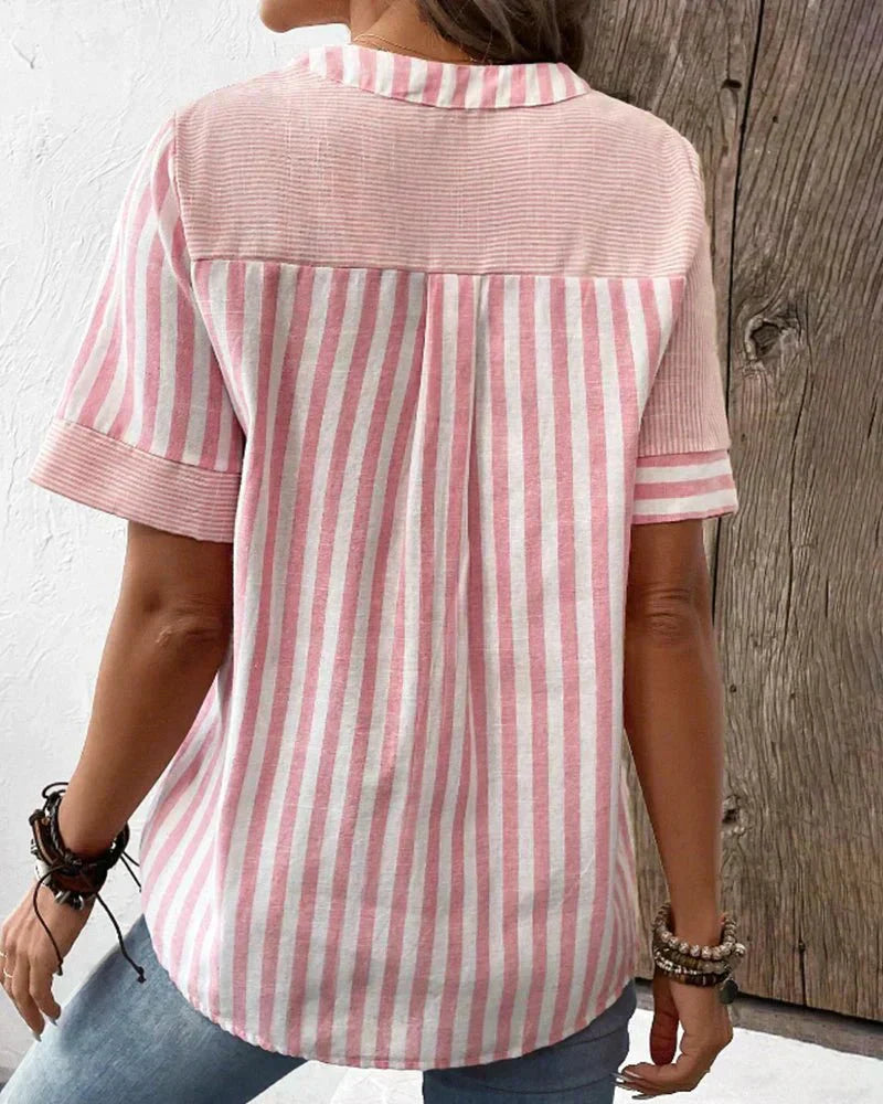 Monroe | Striped Colorblock Short Sleeve Stand Collar Casual Top