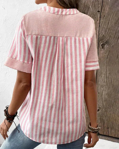 Monroe | Striped Colorblock Short Sleeve Stand Collar Casual Top