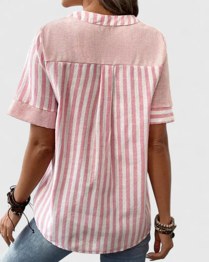 Gigi | Striped Colorblock Short Sleeve Stand Collar Casual Blouse