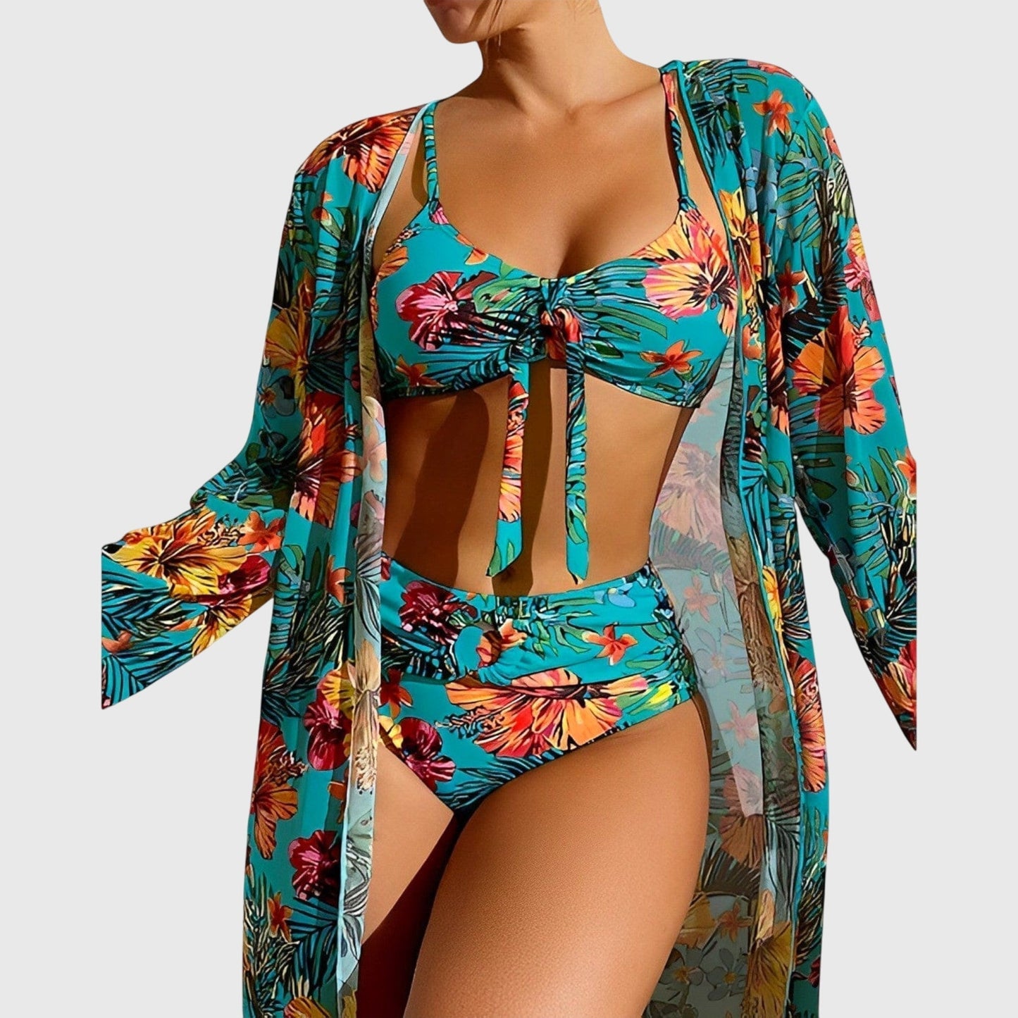 Tropica | Tropical Floral Print Tie Front High Waist Bikini Three Piece Set