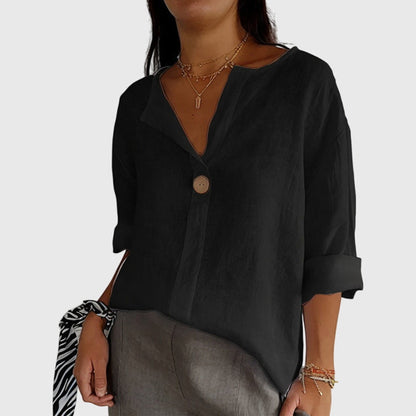 Valentina | V Neck Single Button 3/4 Sleeve Relaxed Casual Blouse