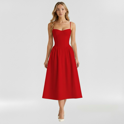 Floravienne | Floral Corset Bodice Spaghetti Strap Pleated Elegant Midi Dress