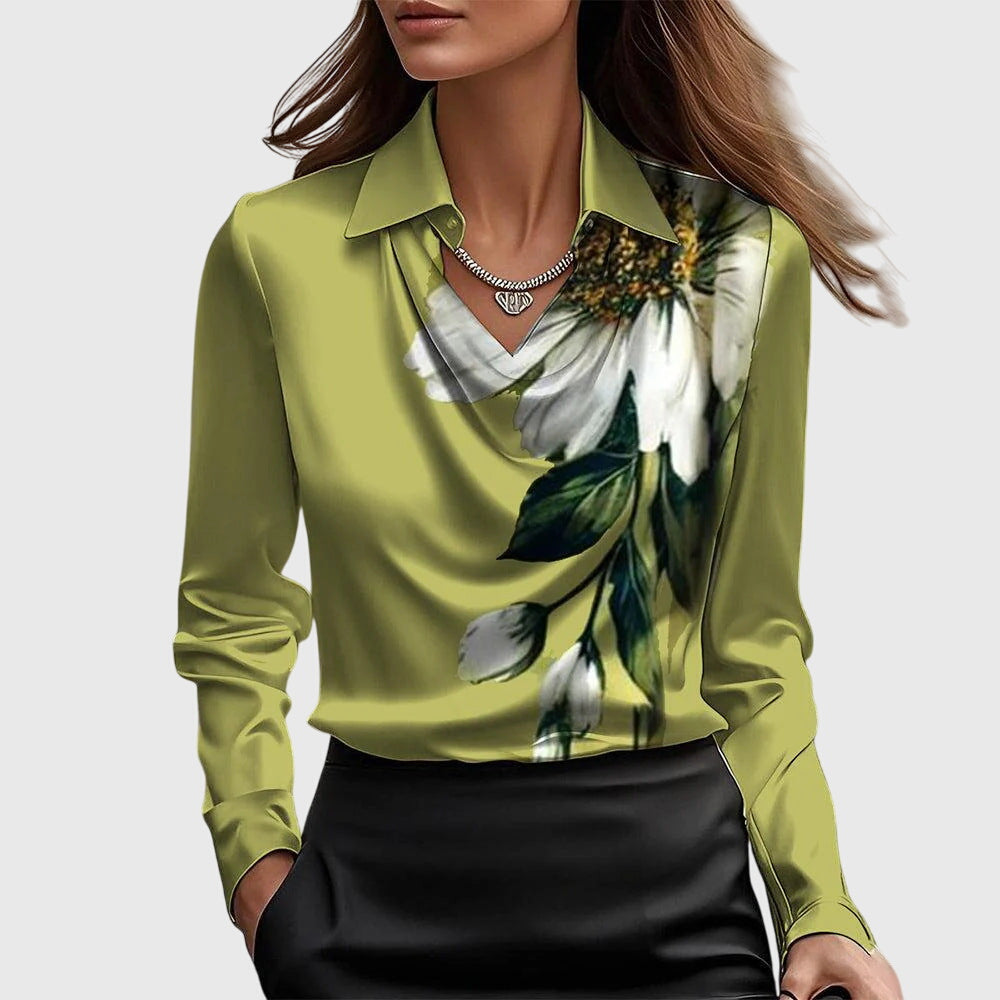 Brooklyn | Satin Draped Cowl Neck Collared Long Sleeve Blouse