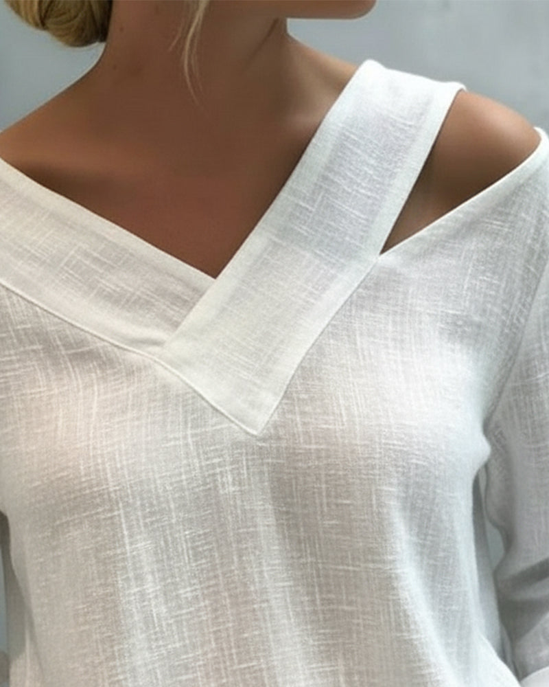 Aria | Long Sleeve Asymmetric V Neck Off Shoulder Relaxed Top