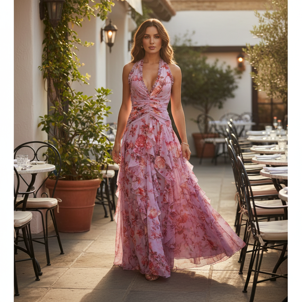 Arabella | Women's Floral Halter Ruffle Chiffon Maxi Dress