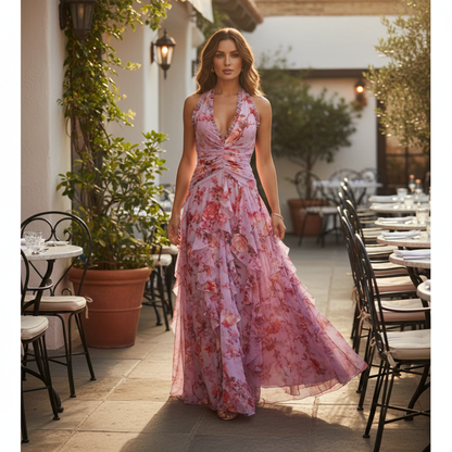Arabella | Women's Floral Halter Ruffle Chiffon Maxi Dress