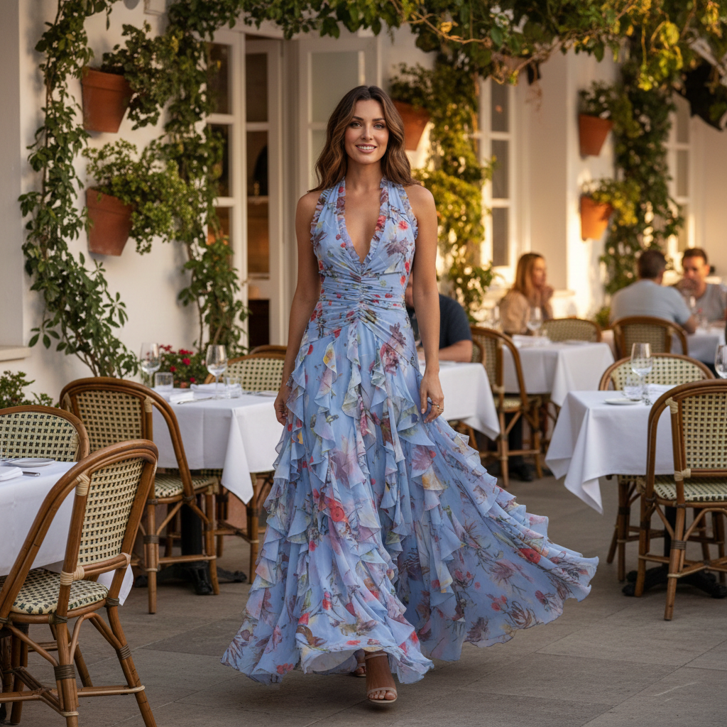 Arabella | Women's Floral Halter Ruffle Chiffon Maxi Dress
