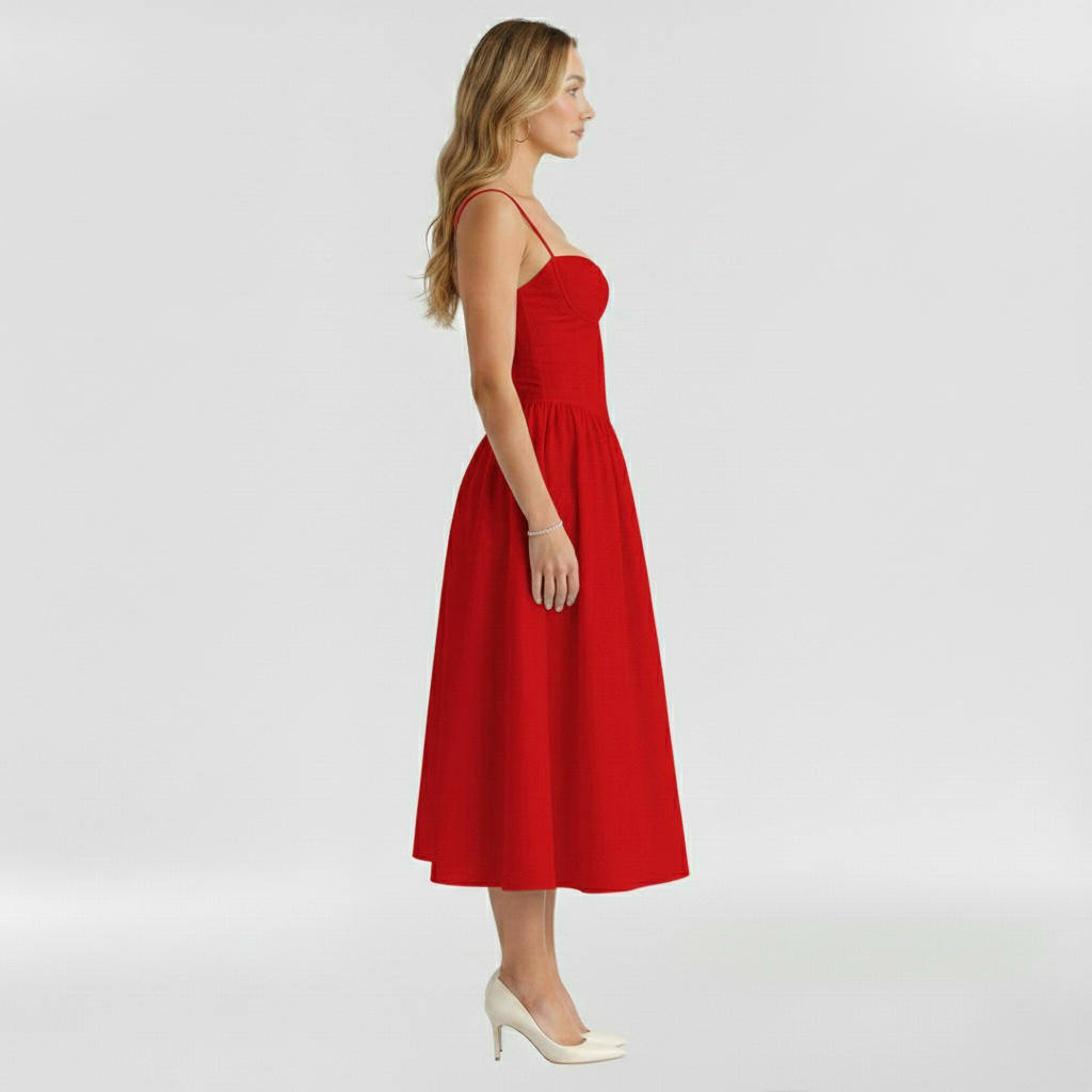 Floravienne | Floral Corset Bodice Spaghetti Strap Pleated Elegant Midi Dress