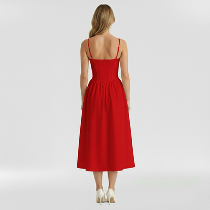 Floravienne | Floral Corset Bodice Spaghetti Strap Pleated Elegant Midi Dress