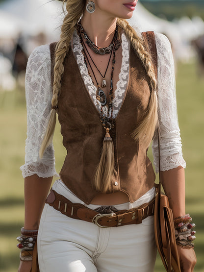 Elowen | V Neck Long Sleeve Lace Western Boho Blouse