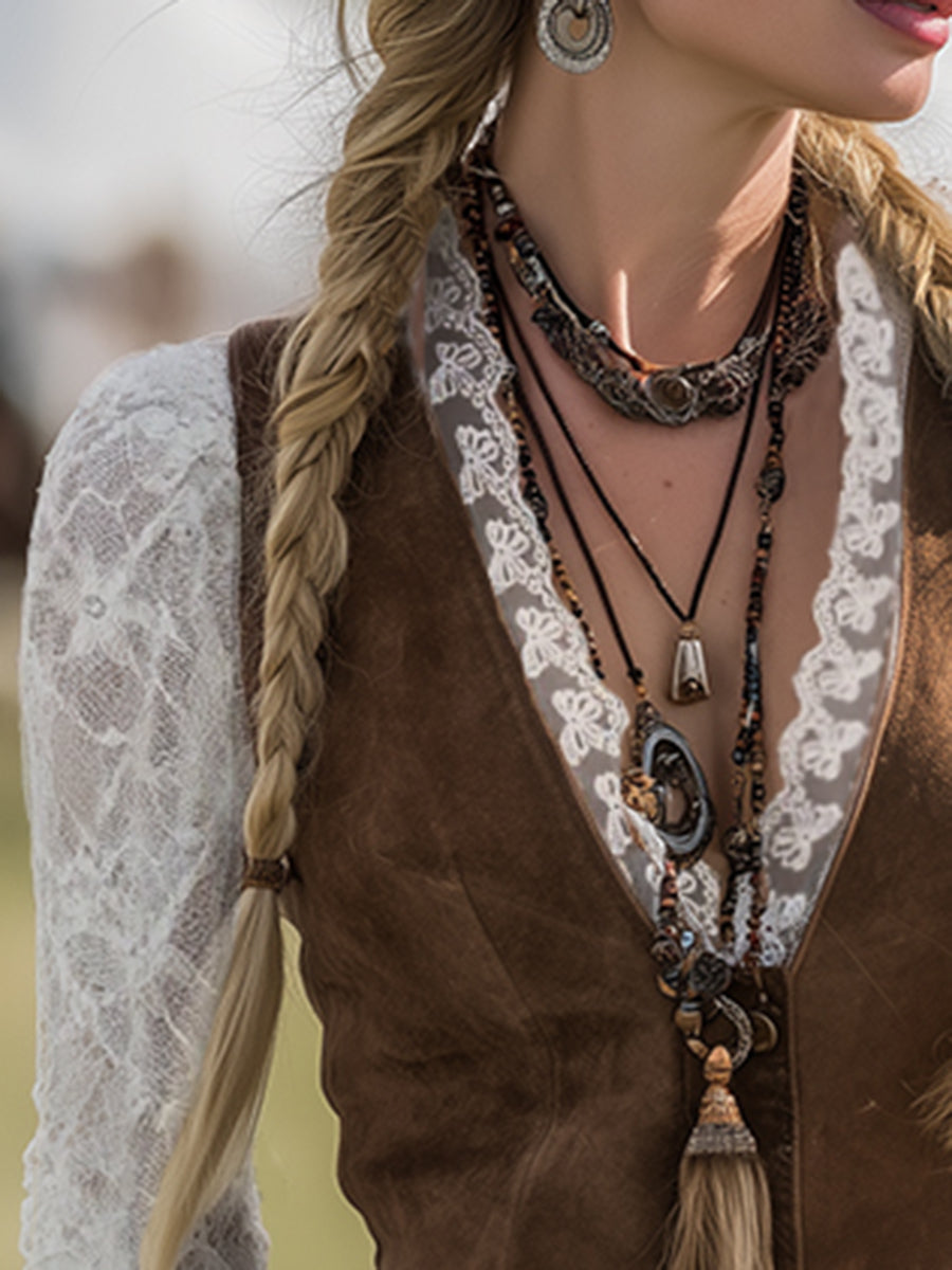 Elowen | V Neck Long Sleeve Lace Western Boho Blouse
