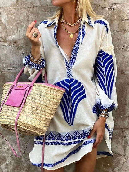 Elysia | Botanical Print Shirt Collar Deep V Neck Long Sleeve Casual Mini Dress