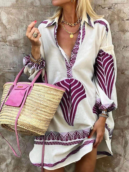 Elysia | Botanical Print Shirt Collar Deep V Neck Long Sleeve Casual Mini Dress