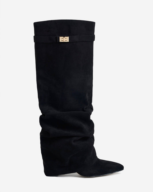 Noirenne | Slouchy Fold Over Knee High Hidden Wedge Boots