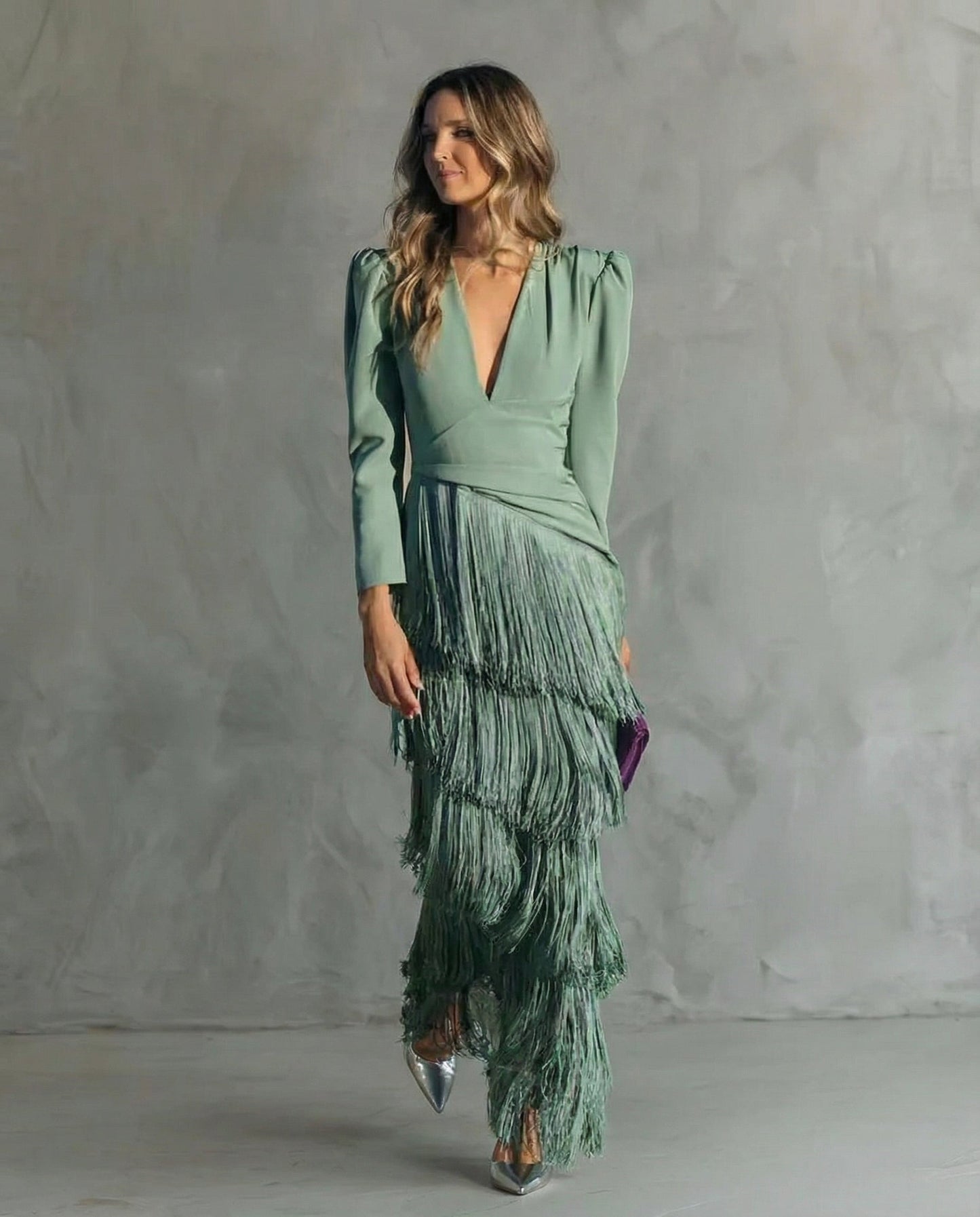 Esmeralda | Deep V Neck Puff Shoulder Long Sleeve Tiered Fringe Elegant Maxi Dress