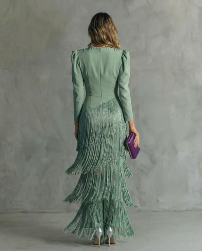 Esmeralda | Deep V Neck Puff Shoulder Long Sleeve Tiered Fringe Elegant Maxi Dress