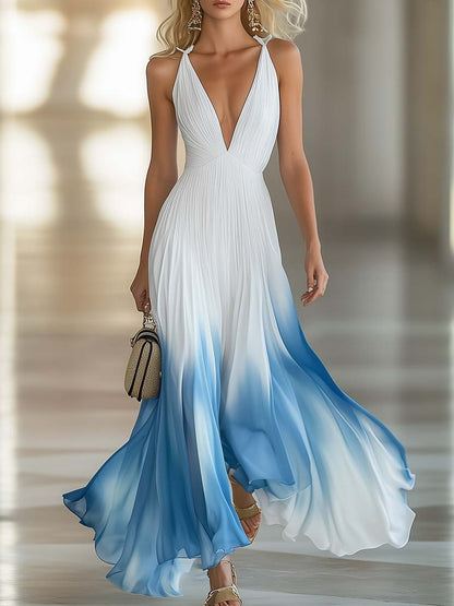 Evelina | Deep V Neck Spaghetti Strap Pleated Gradient Elegant Maxi Dress