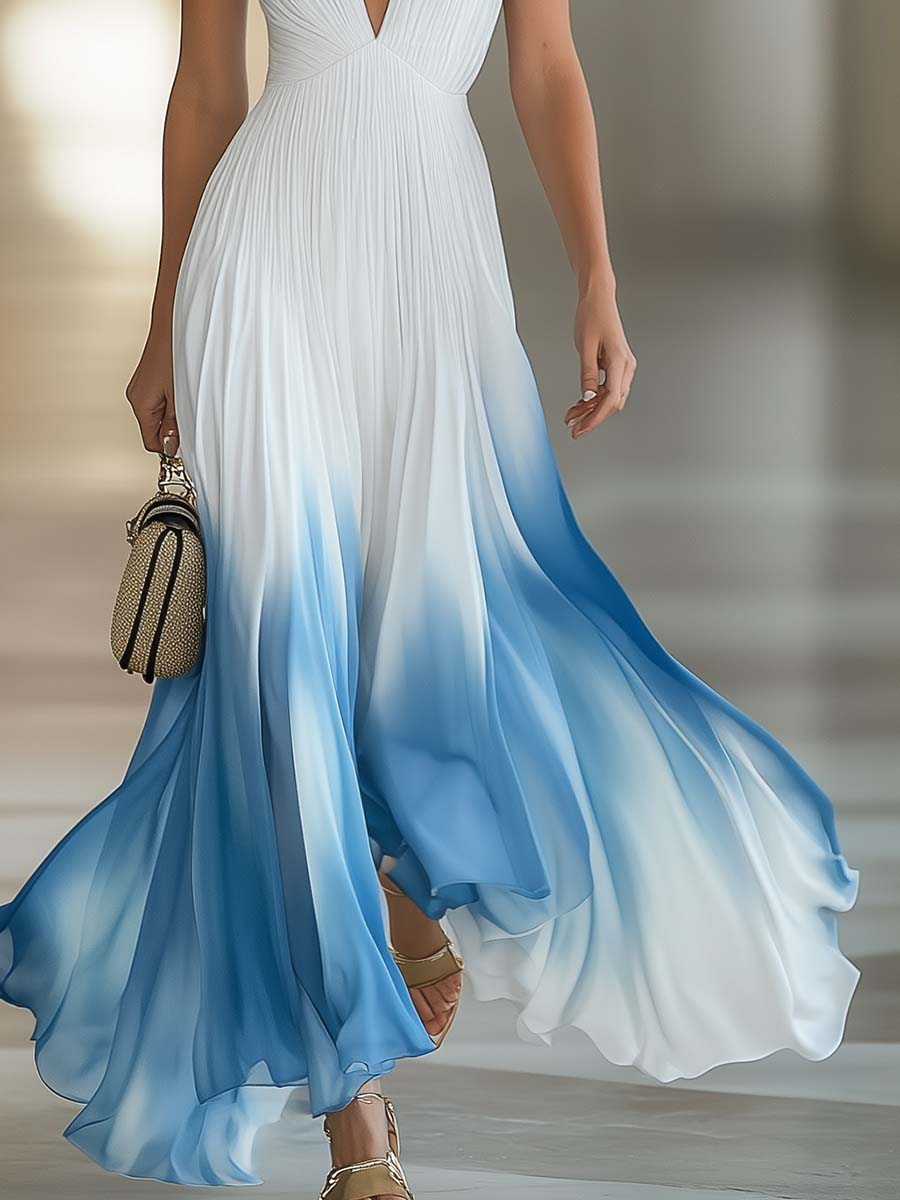 Evelina | Deep V Neck Spaghetti Strap Pleated Gradient Elegant Maxi Dress