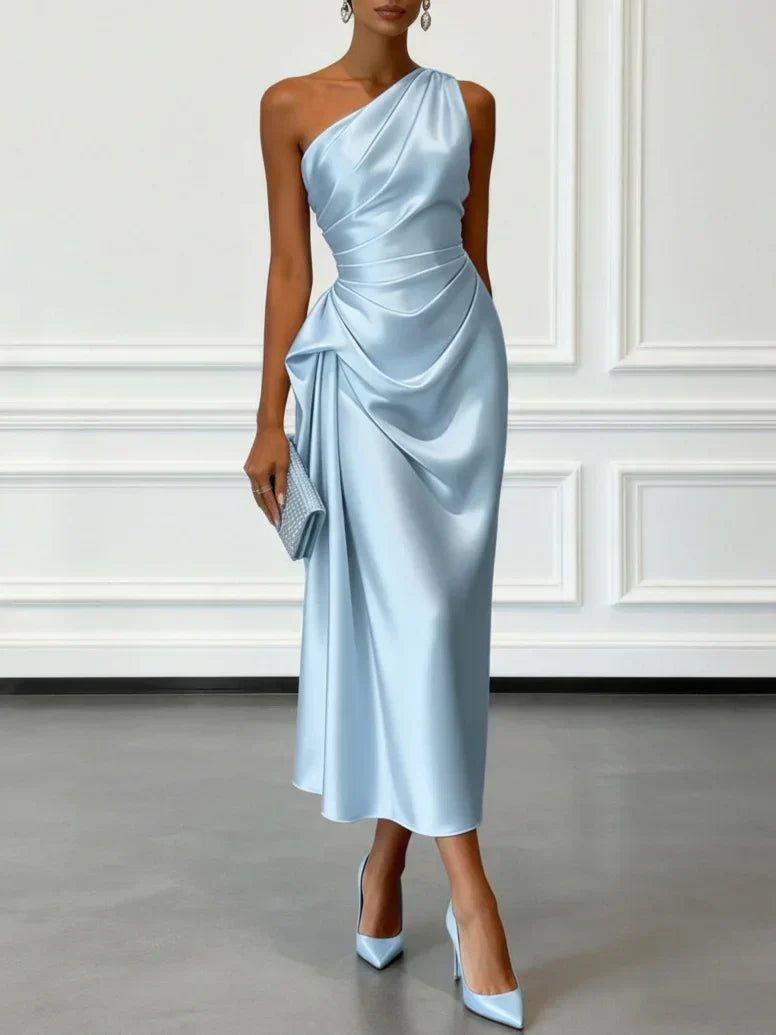 Aurelia | Women's One Shoulder Satin Midi Wedding Guest Dress