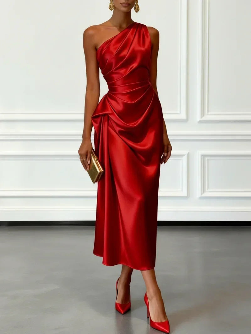 Aurelia | Women's One Shoulder Satin Midi Wedding Guest Dress