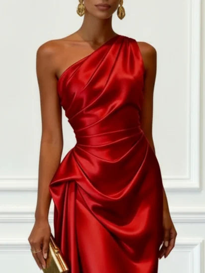 Aurelia | Women's One Shoulder Satin Midi Wedding Guest Dress