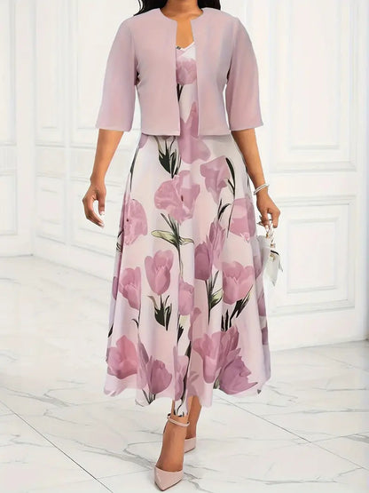 Catherine | Floral Print Sleeveless A Line Maxi Dress With Cropped Jacket Two Piece Set