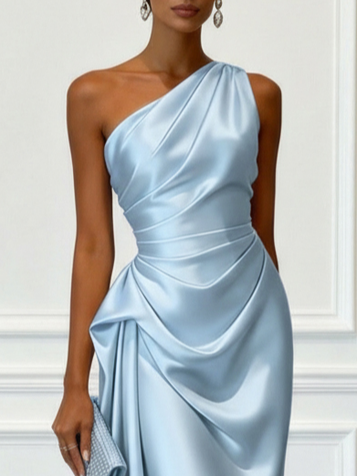 Aurelia | Women's One Shoulder Satin Midi Wedding Guest Dress
