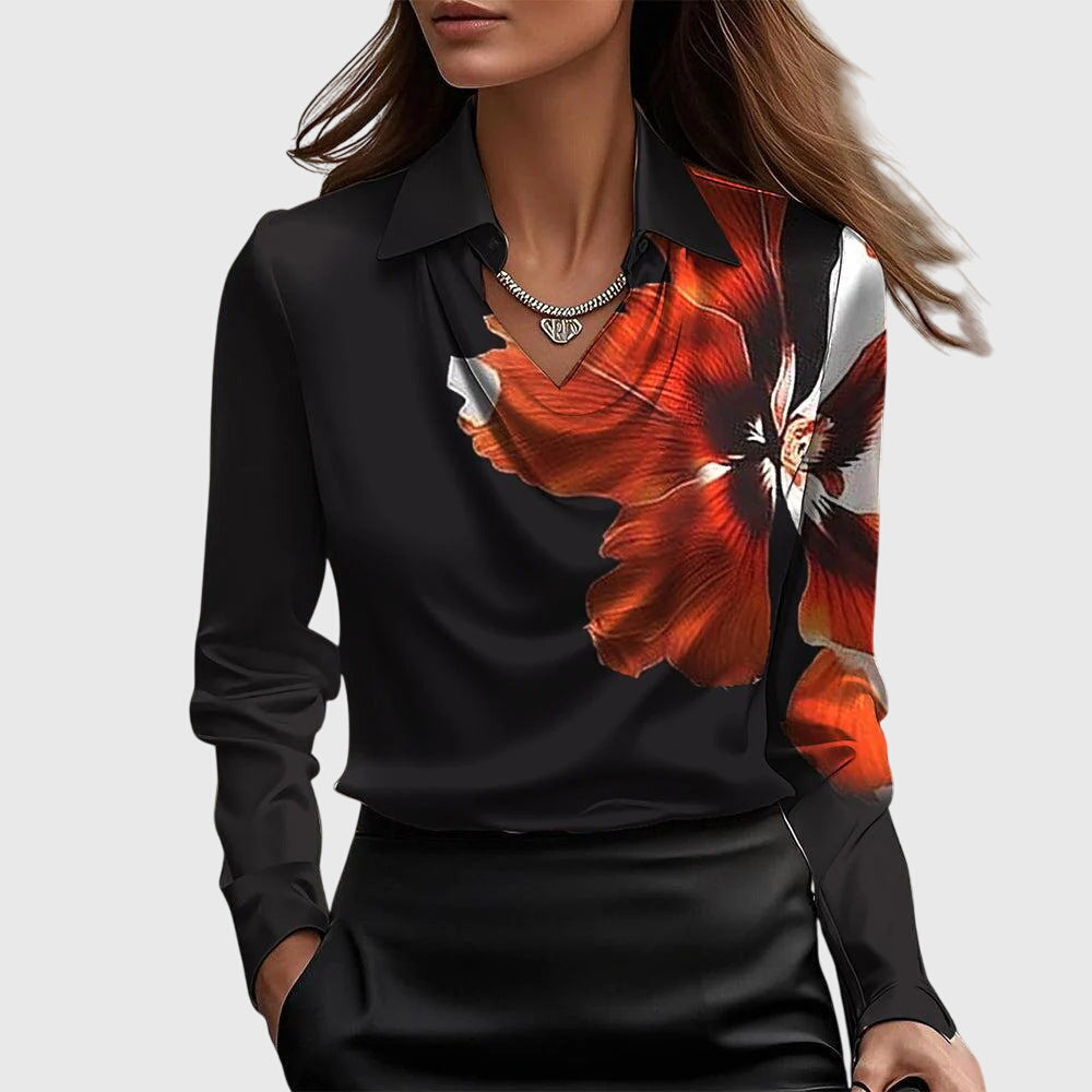 Brooklyn | Satin Draped Cowl Neck Collared Long Sleeve Blouse