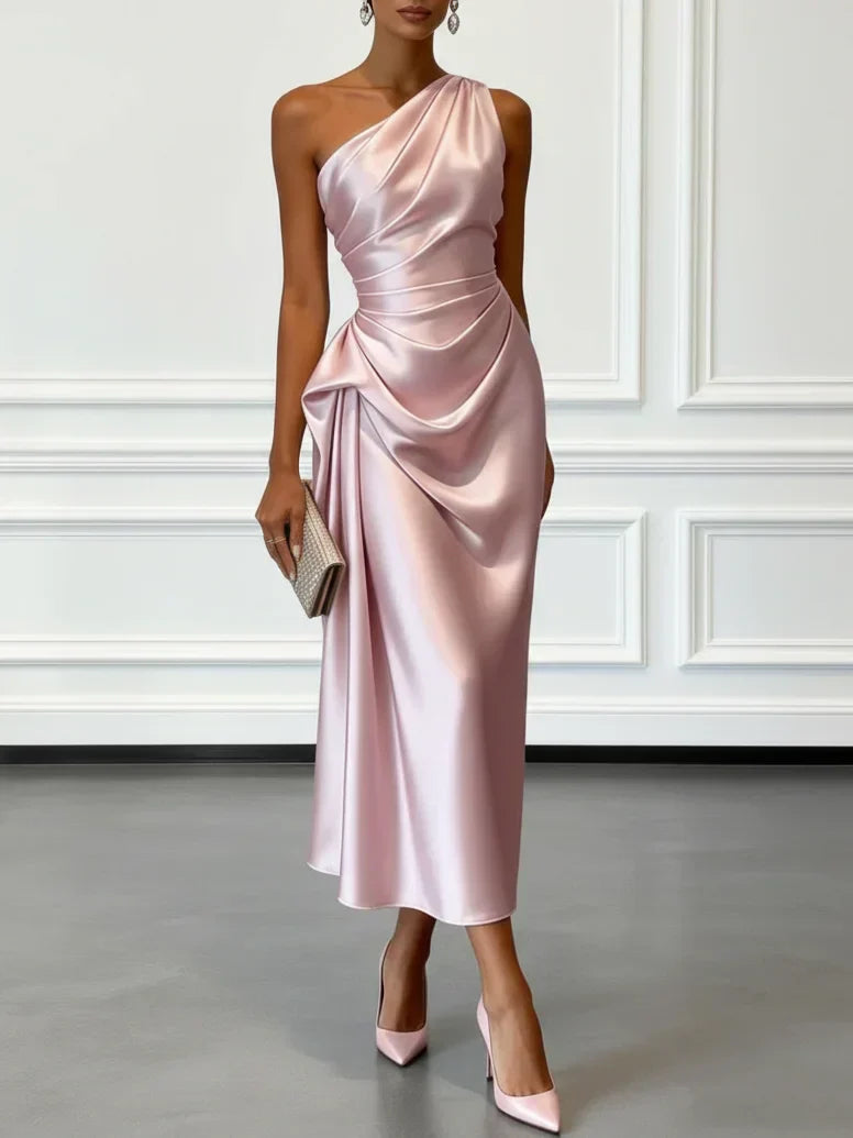 Aurelia | Women's One Shoulder Satin Midi Wedding Guest Dress