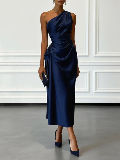 Aurelia | Women's One Shoulder Satin Midi Wedding Guest Dress