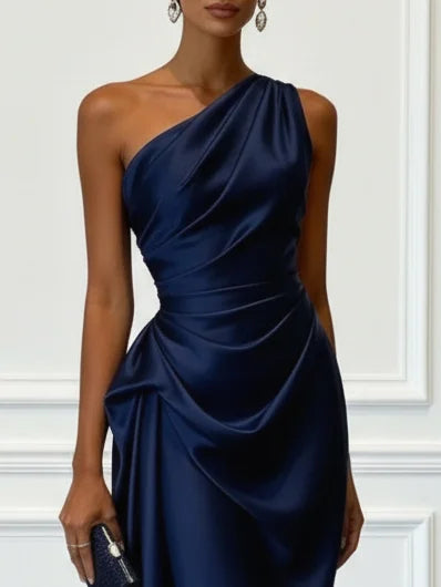 Aurelia | Women's One Shoulder Satin Midi Wedding Guest Dress