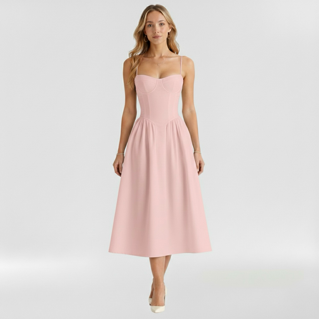 Floravienne | Floral Corset Bodice Spaghetti Strap Pleated Elegant Midi Dress