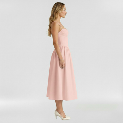 Floravienne | Floral Corset Bodice Spaghetti Strap Pleated Elegant Midi Dress