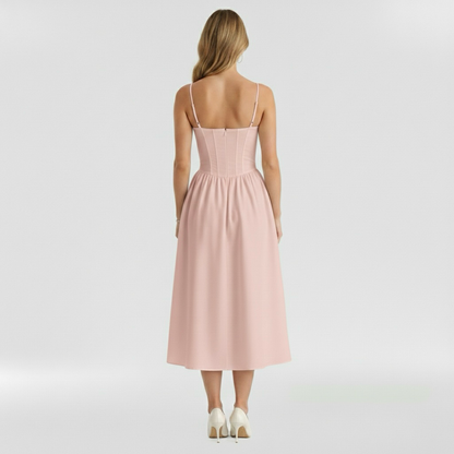 Floravienne | Floral Corset Bodice Spaghetti Strap Pleated Elegant Midi Dress