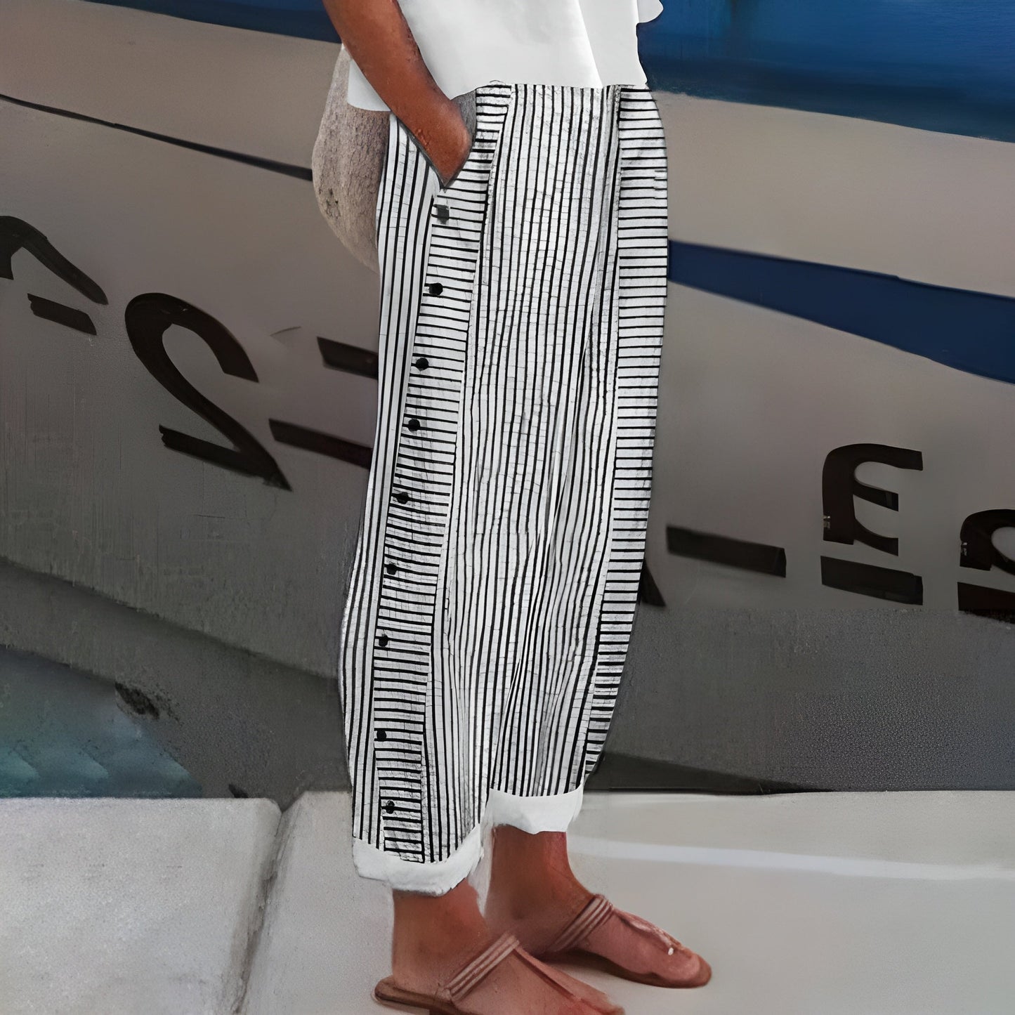 Amelia | Striped Button Detail Elastic Waist Relaxed Casual Pants