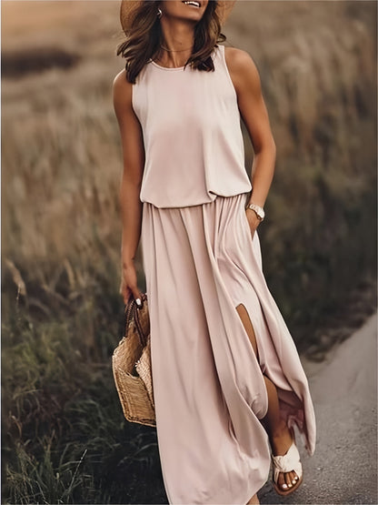 Tessa | Round Neck Sleeveless Blouson Elastic Waist Side Slit Casual Maxi Dress