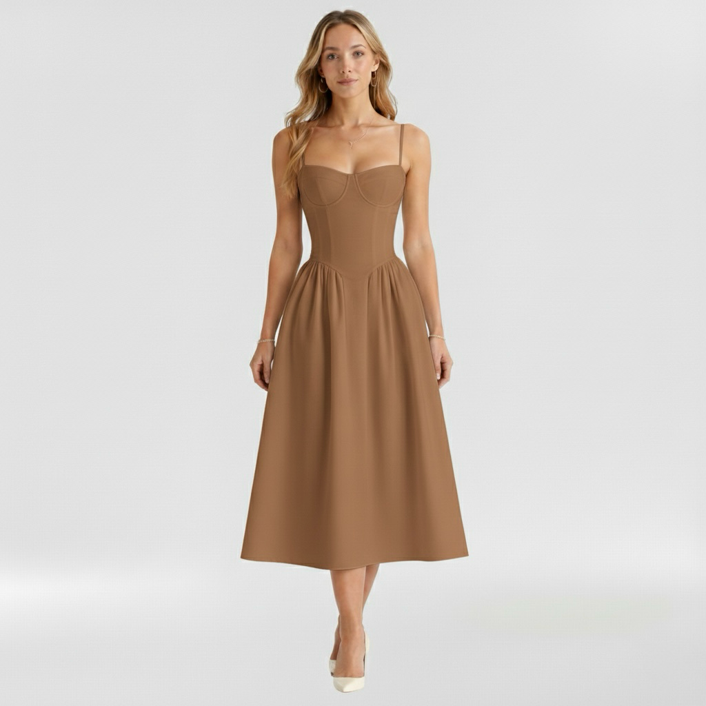 Floravienne | Floral Corset Bodice Spaghetti Strap Pleated Elegant Midi Dress