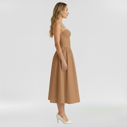 Floravienne | Floral Corset Bodice Spaghetti Strap Pleated Elegant Midi Dress