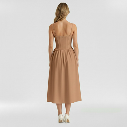 Floravienne | Floral Corset Bodice Spaghetti Strap Pleated Elegant Midi Dress