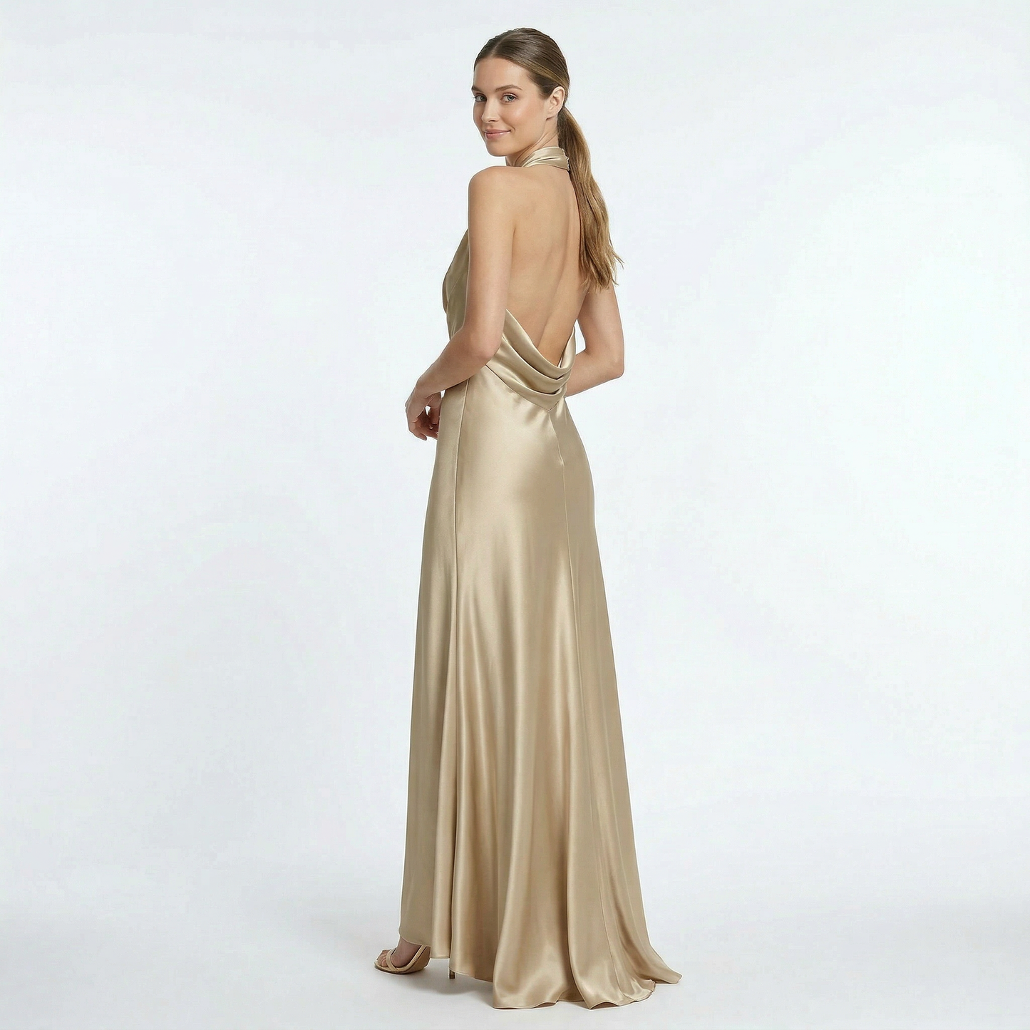 Birchbourne | Women's Halter Cowl Neck Satin Formal Evening Maxi Dress