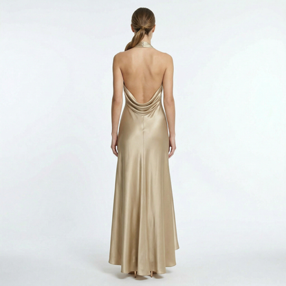 Birchbourne | Women's Halter Cowl Neck Satin Formal Evening Maxi Dress