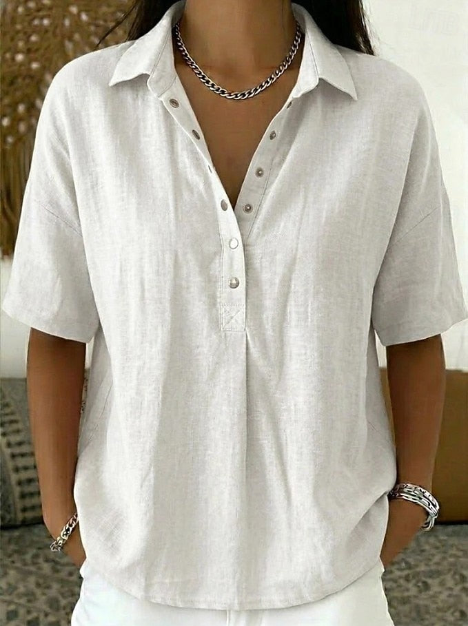 Quinley | Women's Linen Blend Collared V Neck Relaxed Blouse