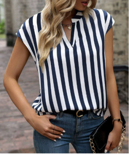 Hazel | V Neck Striped Sleeveless Relaxed Summer Blouse