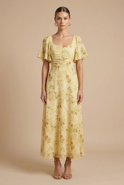 Marigold | Women's Floral Square Neck Flutter Sleeve Maxi Dress