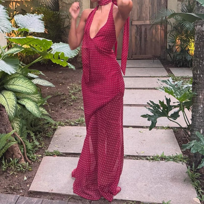 Kaia | Halter Neck Deep V Mesh Bodycon Sheer Flare Hem Maxi Dress