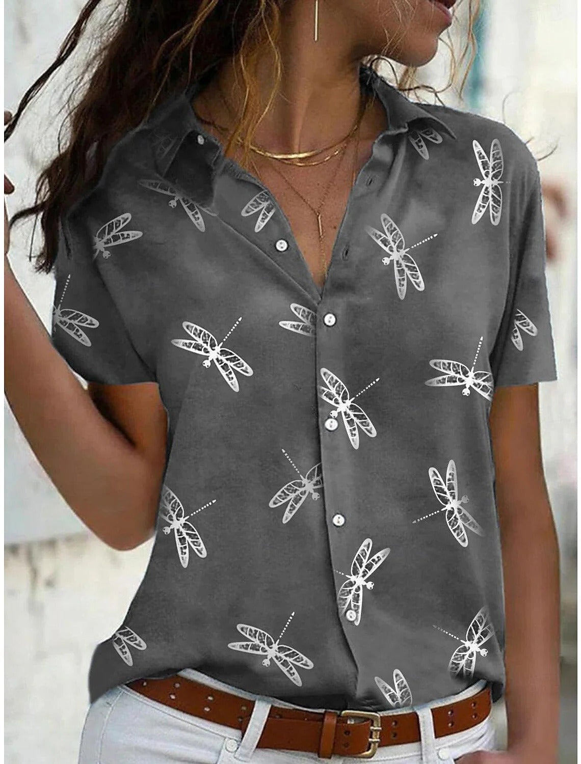 Daisy | Relaxed Printed Short Sleeve Lapel Collar Casual Blouse