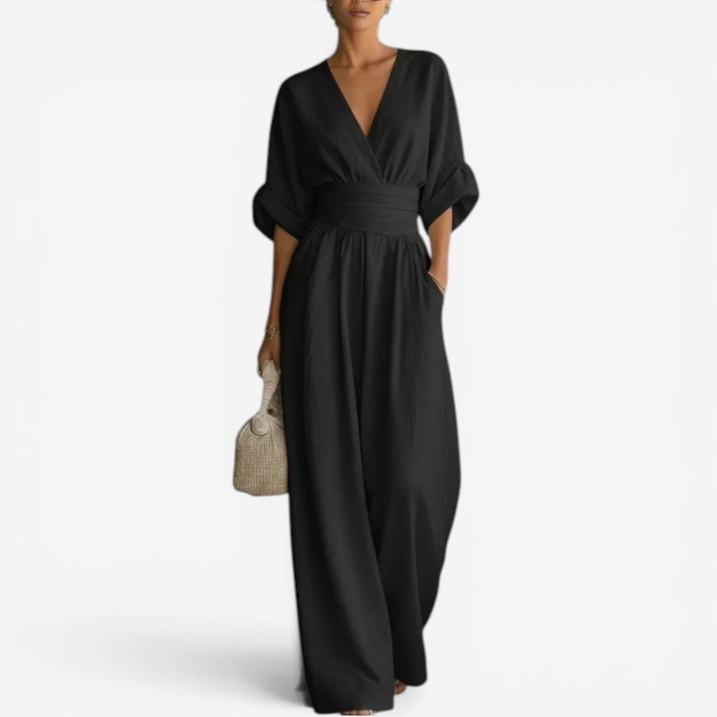 Layla | Women's Elegant V Neck Wide Sleeve Cinched Waist Wide Leg Jumpsuit